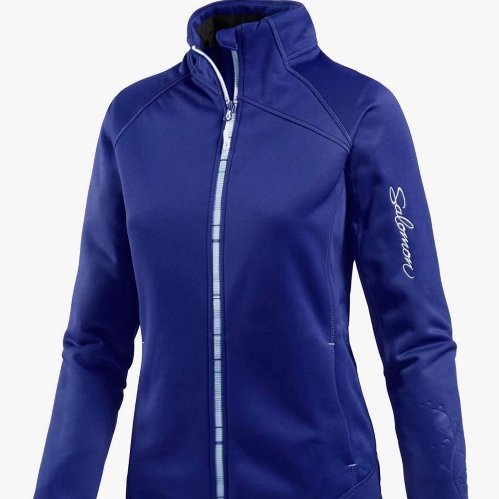 Salomon Women’s Full-Zip Athletic Jacket in a vibrant cobalt blue.